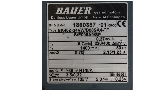 BK40Z-34VW-D08SA4-TF Bauer Getriebemotor n1-1400 n2-5,7