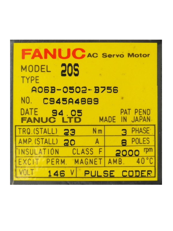 A06B-0502-B756 Fanuc AC Servo Motor 20S/3000